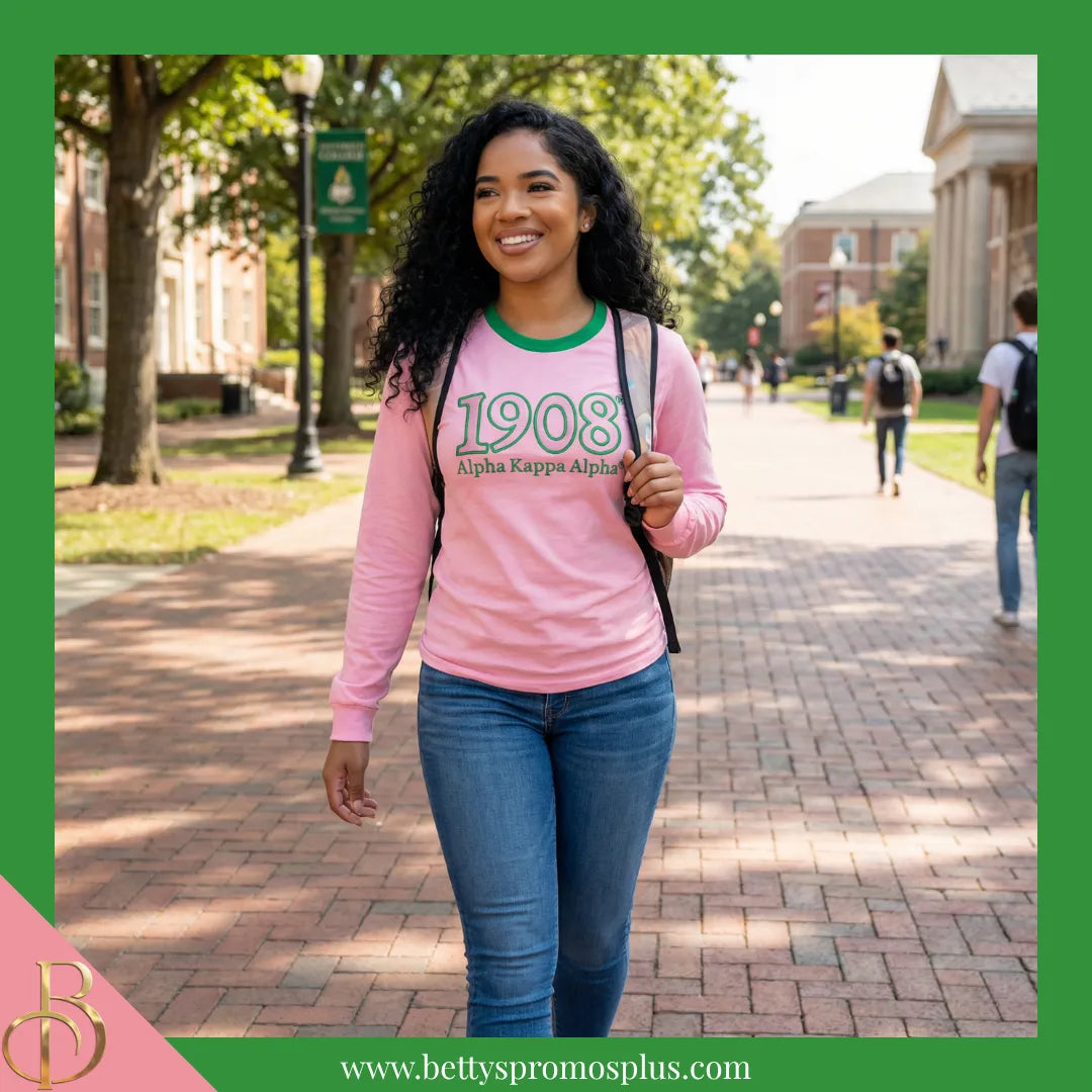 Alpha Kappa Alpha AKA 1908 Embroidered Long Sleeve T-Shirt-Alpha Kappa Alpha Paraphernalia-Alpha Kappa Alpha T-Shirts-Betty's Promos Plus