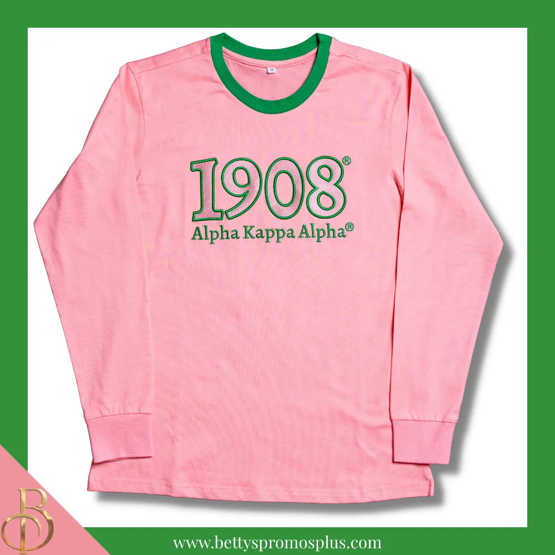 Alpha Kappa Alpha AKA 1908 Embroidered Long Sleeve T-Shirt-Pink-Small-Alpha Kappa Alpha Paraphernalia-Alpha Kappa Alpha T-Shirts-Betty's Promos Plus