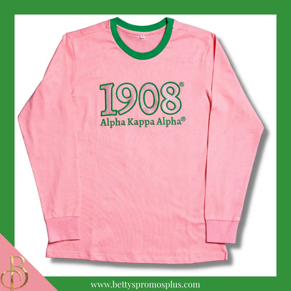 Alpha Kappa Alpha AKA 1908 Embroidered Long Sleeve T-Shirt-Pink-Small-Alpha Kappa Alpha Paraphernalia-Alpha Kappa Alpha T-Shirts-Betty's Promos Plus