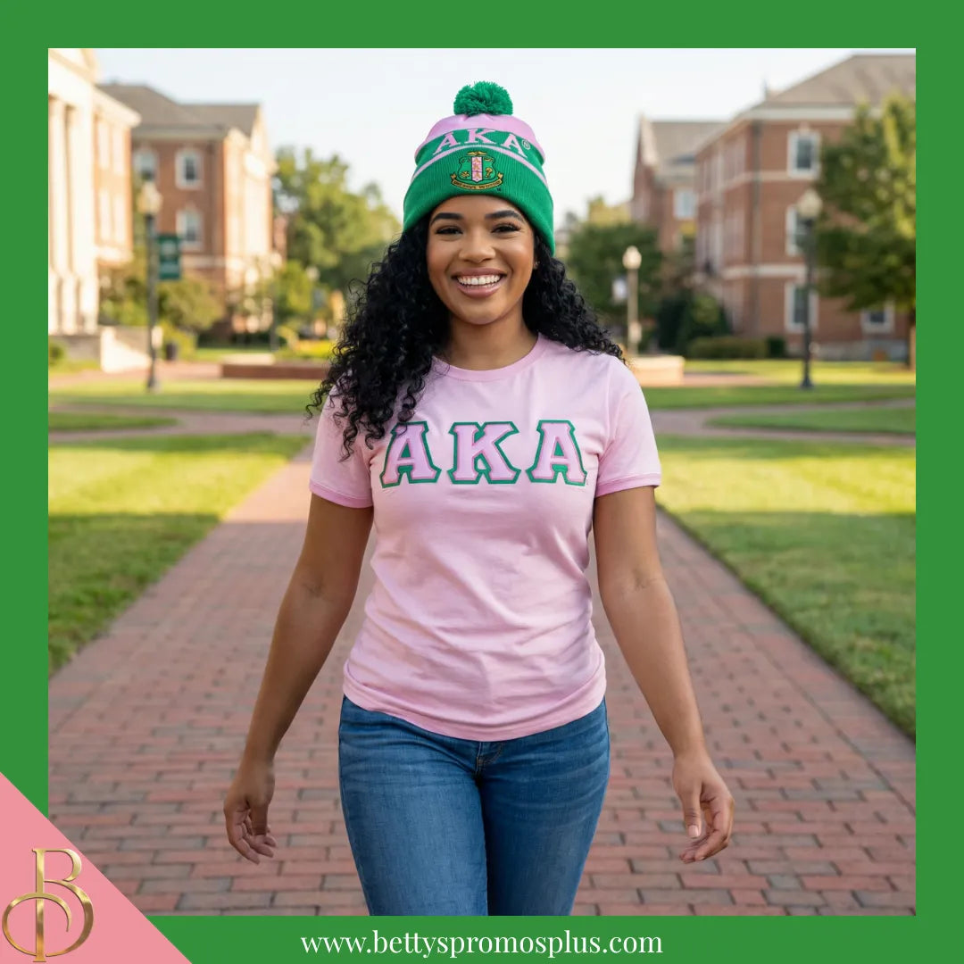 Alpha Kappa Alpha AKA 1908 Embroidered Shield Knit Crest Beanie-Alpha Kappa Alpha Paraphernalia-Alpha Kappa Alpha Hats-Betty's Promos Plus