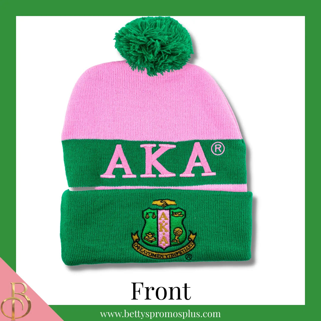 Alpha Kappa Alpha AKA 1908 Embroidered Shield Knit Crest Beanie-Alpha Kappa Alpha Paraphernalia-Alpha Kappa Alpha Hats-Betty's Promos Plus
