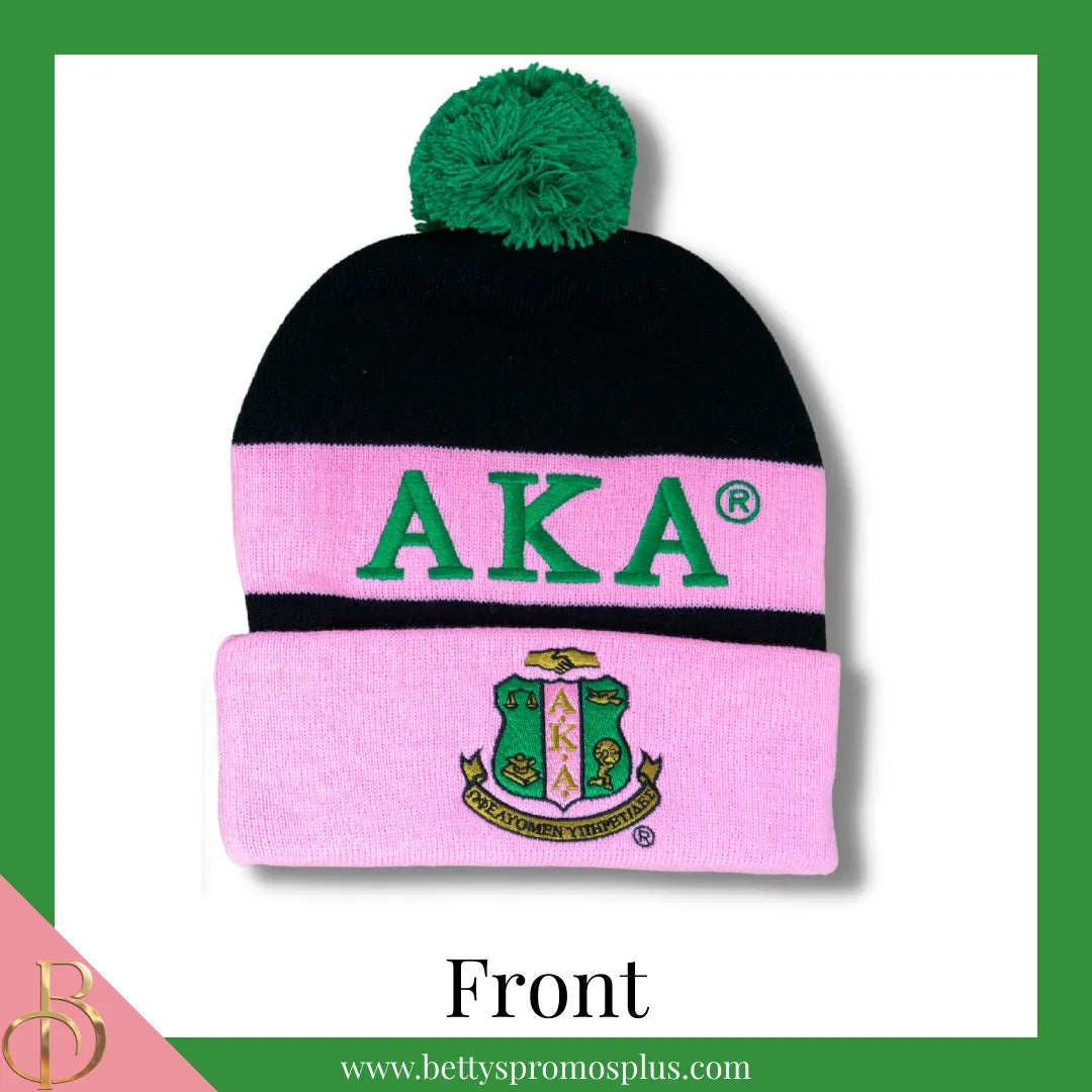 Alpha Kappa Alpha AKA 1908 Embroidered Shield Knit Crest Beanie-Alpha Kappa Alpha Paraphernalia-Alpha Kappa Alpha Hats-Betty's Promos Plus