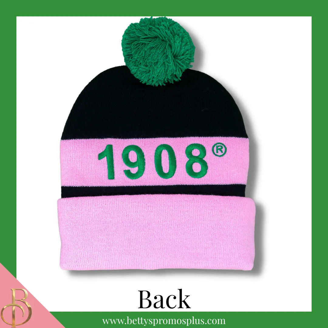 Alpha Kappa Alpha AKA 1908 Embroidered Shield Knit Crest Beanie-Alpha Kappa Alpha Paraphernalia-Alpha Kappa Alpha Hats-Betty's Promos Plus