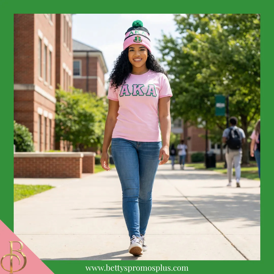Alpha Kappa Alpha AKA 1908 Embroidered Shield Knit Crest Beanie-Alpha Kappa Alpha Paraphernalia-Alpha Kappa Alpha Hats-Betty's Promos Plus