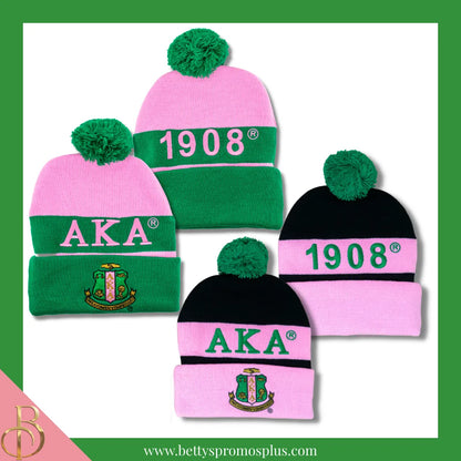 Alpha Kappa Alpha AKA 1908 Embroidered Shield Knit Crest Beanie-Alpha Kappa Alpha Paraphernalia-Alpha Kappa Alpha Hats-Betty's Promos Plus