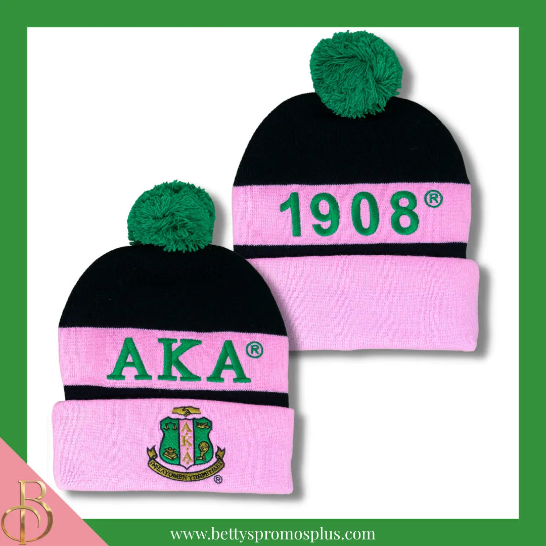 Alpha Kappa Alpha AKA 1908 Embroidered Shield Knit Crest Beanie-Black-Alpha Kappa Alpha Paraphernalia-Alpha Kappa Alpha Hats-Betty's Promos Plus