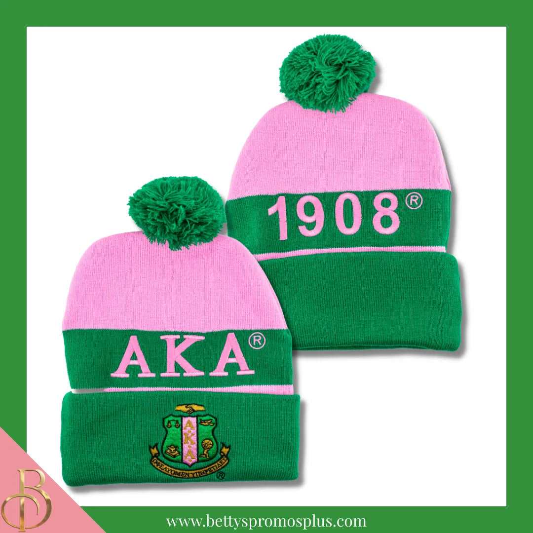 Alpha Kappa Alpha AKA 1908 Embroidered Shield Knit Crest Beanie-Green-Alpha Kappa Alpha Paraphernalia-Alpha Kappa Alpha Hats-Betty's Promos Plus
