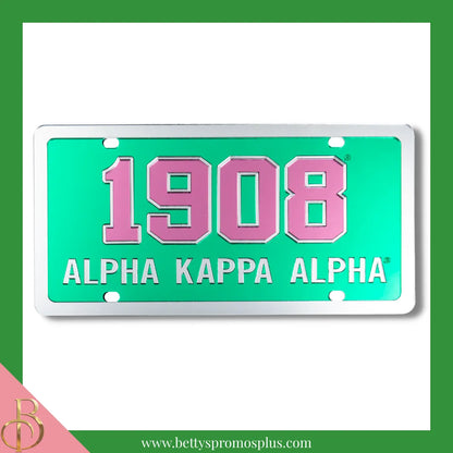 Alpha Kappa Alpha AKA 1908 Laser Engraved Mirrored Acrylic Auto Tag License Plate-Green Background-Silver Trim-Alpha Kappa Alpha Paraphernalia-Alpha Kappa Alpha Auto Tag-Betty's Promos Plus