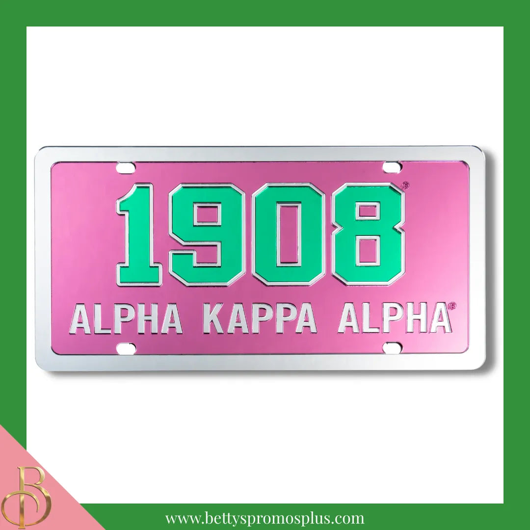 Alpha Kappa Alpha AKA 1908 Laser Engraved Mirrored Acrylic Auto Tag License Plate-Pink-Silver Trim-Alpha Kappa Alpha Paraphernalia-Alpha Kappa Alpha Auto Tag-Betty's Promos Plus