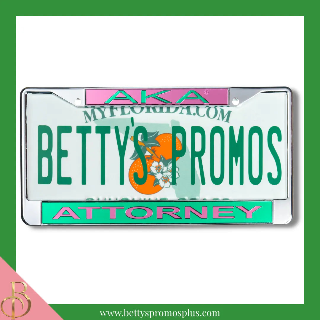 Alpha Kappa Alpha AKA Attorney Chrome Laser Engraved Mirrored Acrylic Auto Tag License Plate Frame-Green Bottom-Alpha Kappa Alpha Paraphernalia-Alpha Kappa Alpha Auto Tag Frame-Betty's Promos Plus