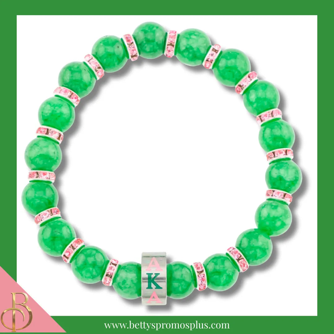 Alpha Kappa Alpha AKA Beaded Bracelet with Rhinestone Spacers-Green-Alpha Kappa Alpha Paraphernalia-Alpha Kappa Alpha Bracelet-Betty's Promos Plus