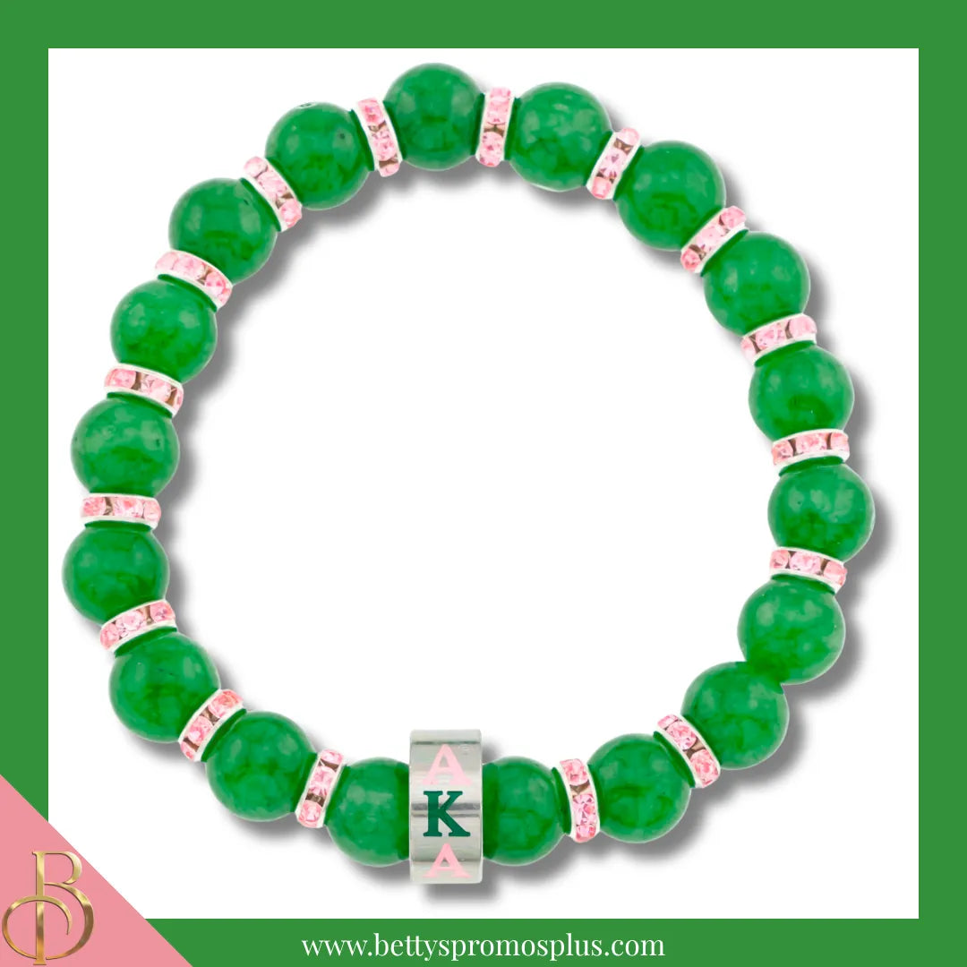 Alpha Kappa Alpha AKA Beaded Bracelet with Rhinestone Spacers-Green-Alpha Kappa Alpha Paraphernalia-Alpha Kappa Alpha Bracelet-Betty's Promos Plus