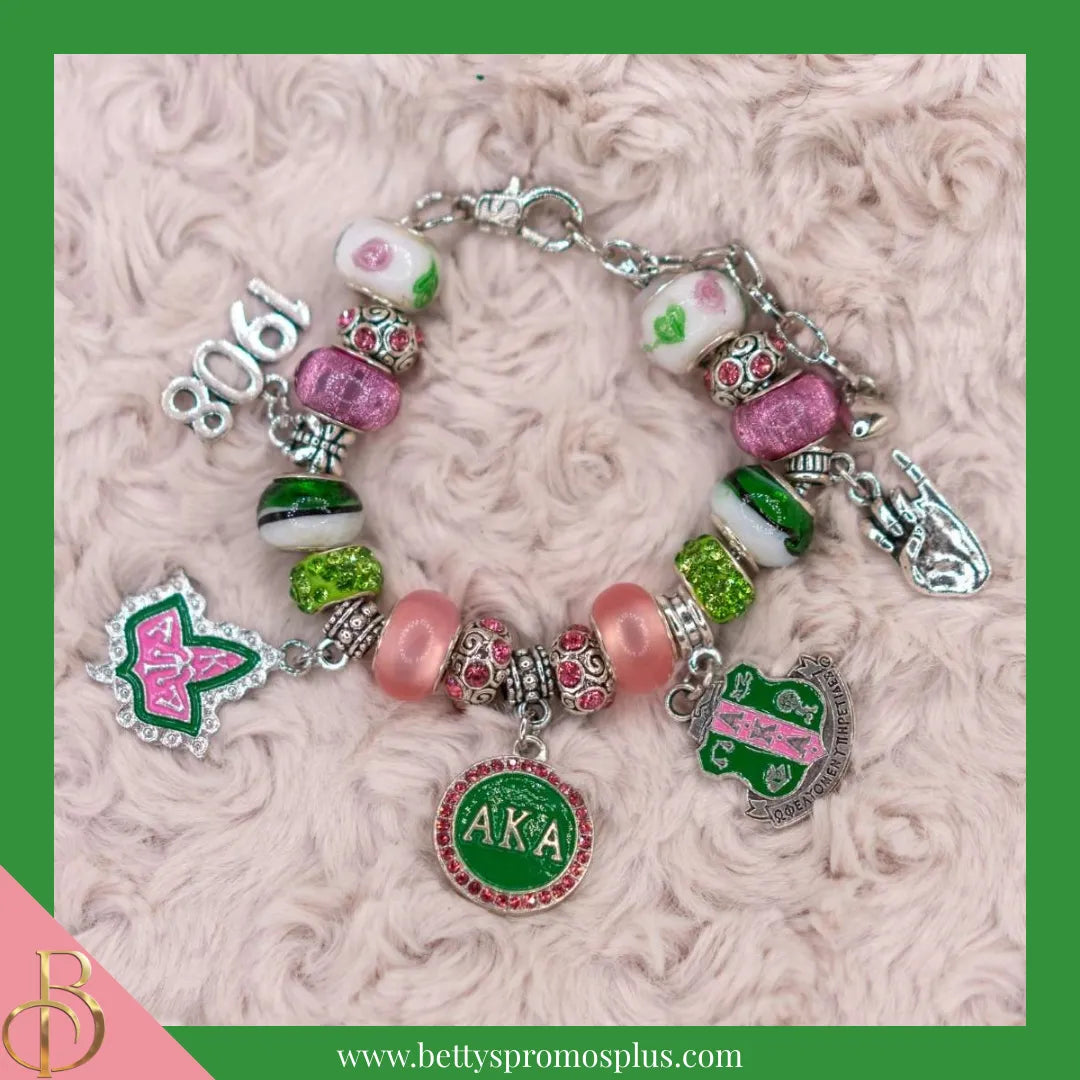 Alpha Kappa Alpha AKA Beaded Charm Bracelet with Bangle Charms-Alpha Kappa Alpha Paraphernalia-Alpha Kappa Alpha Bracelet-Betty's Promos Plus