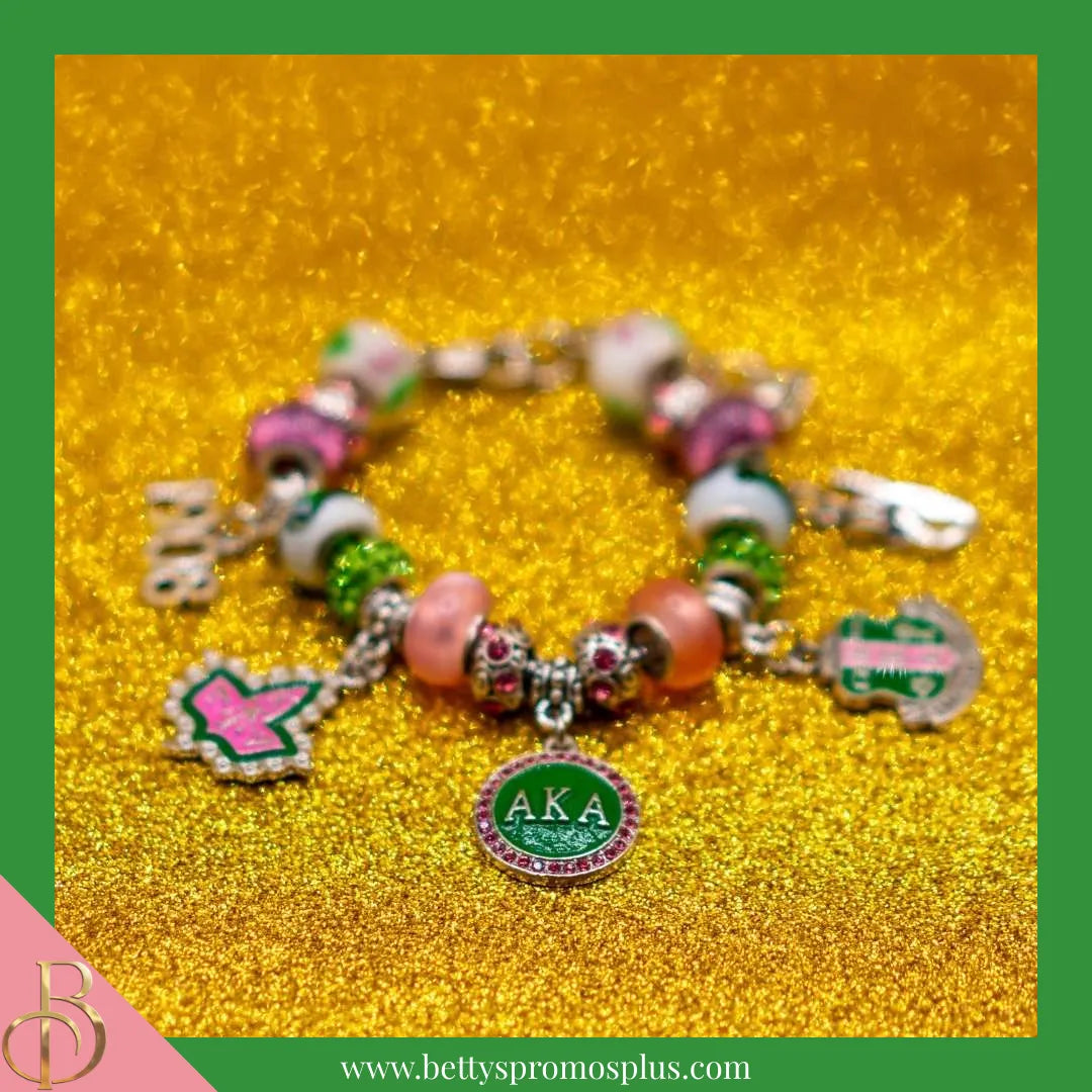 Alpha Kappa Alpha AKA Beaded Charm Bracelet with Bangle Charms-Alpha Kappa Alpha Paraphernalia-Alpha Kappa Alpha Bracelet-Betty's Promos Plus