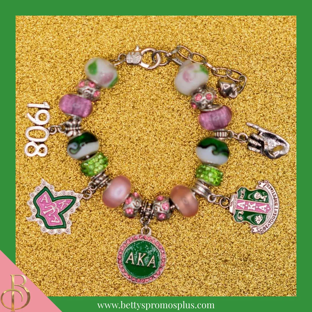 Alpha Kappa Alpha AKA Beaded Charm Bracelet with Bangle Charms-Alpha Kappa Alpha Paraphernalia-Alpha Kappa Alpha Bracelet-Betty's Promos Plus