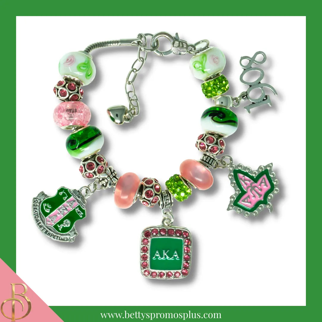 Alpha Kappa Alpha AKA Beaded Charm Bracelet with Bangle Charms-Alpha Kappa Alpha Paraphernalia-Alpha Kappa Alpha Bracelet-Betty's Promos Plus