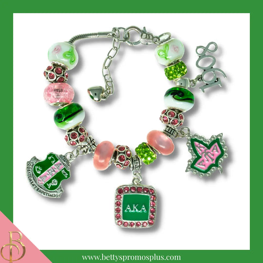 Alpha Kappa Alpha AKA Beaded Charm Bracelet with Bangle Charms-Pink-Alpha Kappa Alpha Paraphernalia-Alpha Kappa Alpha Bracelet-Betty's Promos Plus