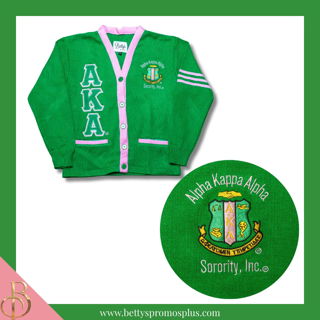 Alpha Kappa Alpha AKA Cardigan Sweater with Double Stitched Twill Embroidered Letters & AKA Shield-Alpha Kappa Alpha Paraphernalia-Alpha Kappa Alpha Sweaters-Betty's Promos Plus