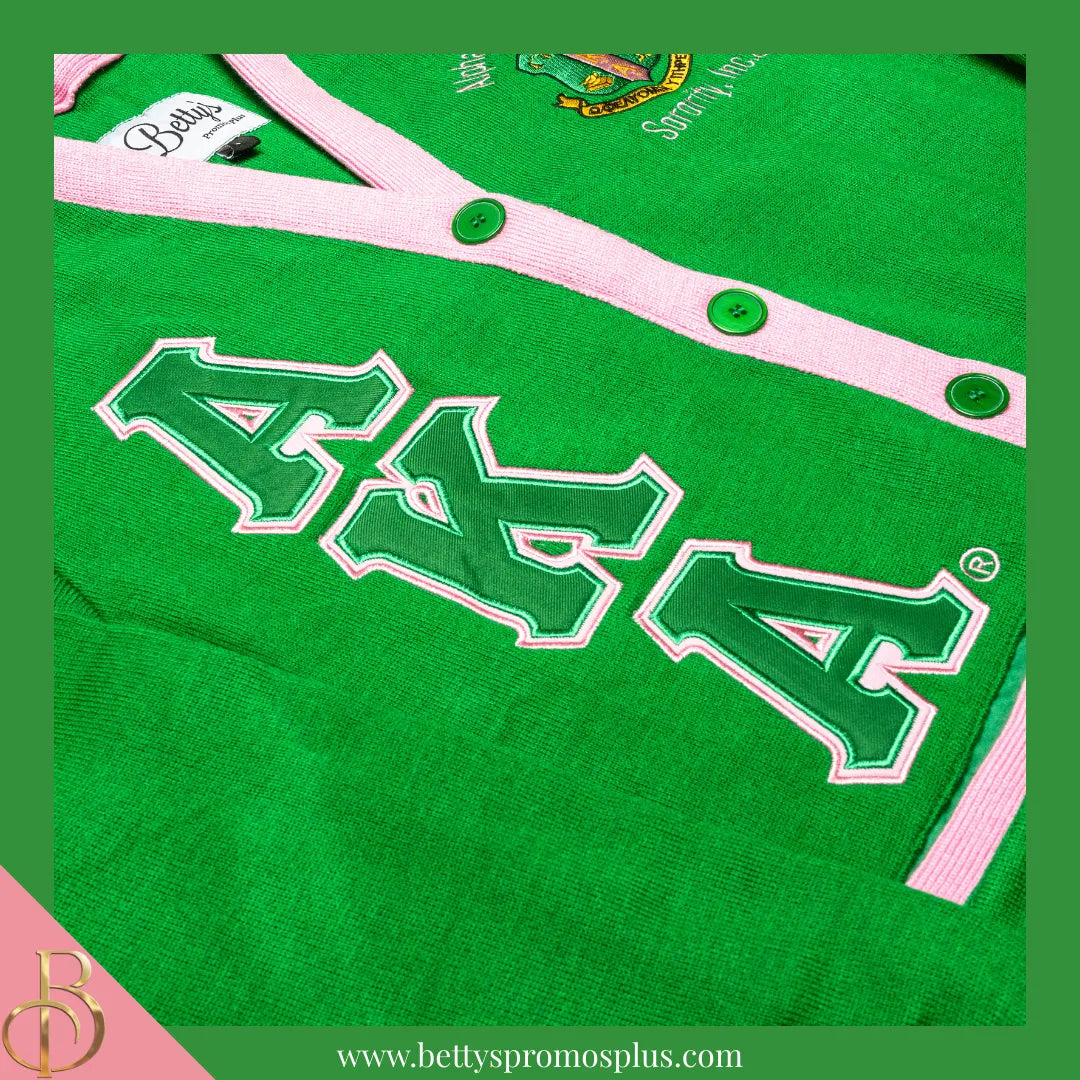 Alpha Kappa Alpha AKA Cardigan Sweater with Double Stitched Twill Embroidered Letters & AKA Shield-Alpha Kappa Alpha Paraphernalia-Alpha Kappa Alpha Sweaters-Betty's Promos Plus