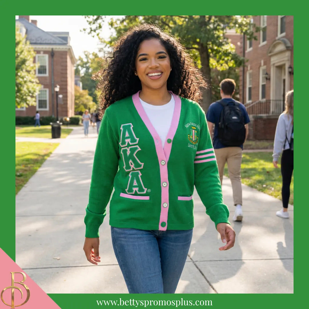 Alpha Kappa Alpha AKA Cardigan Sweater with Double Stitched Twill Embroidered Letters & AKA Shield-Alpha Kappa Alpha Paraphernalia-Alpha Kappa Alpha Sweaters-Betty's Promos Plus