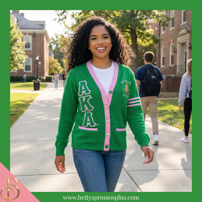 Alpha Kappa Alpha AKA Cardigan Sweater with Double Stitched Twill Embroidered Letters & AKA Shield-Alpha Kappa Alpha Paraphernalia-Alpha Kappa Alpha Sweaters-Betty's Promos Plus