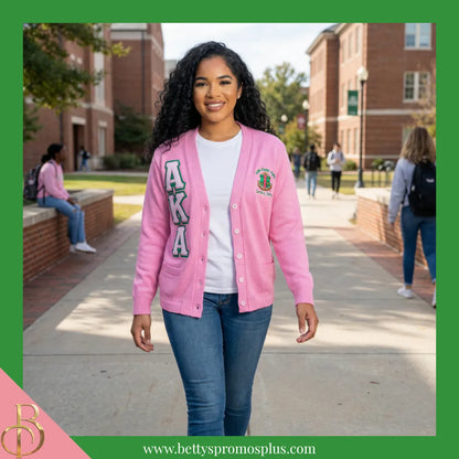 Alpha Kappa Alpha AKA Cardigan Sweater with Double Stitched Twill Embroidered Letters & AKA Shield-Alpha Kappa Alpha Paraphernalia-Alpha Kappa Alpha Sweaters-Betty's Promos Plus