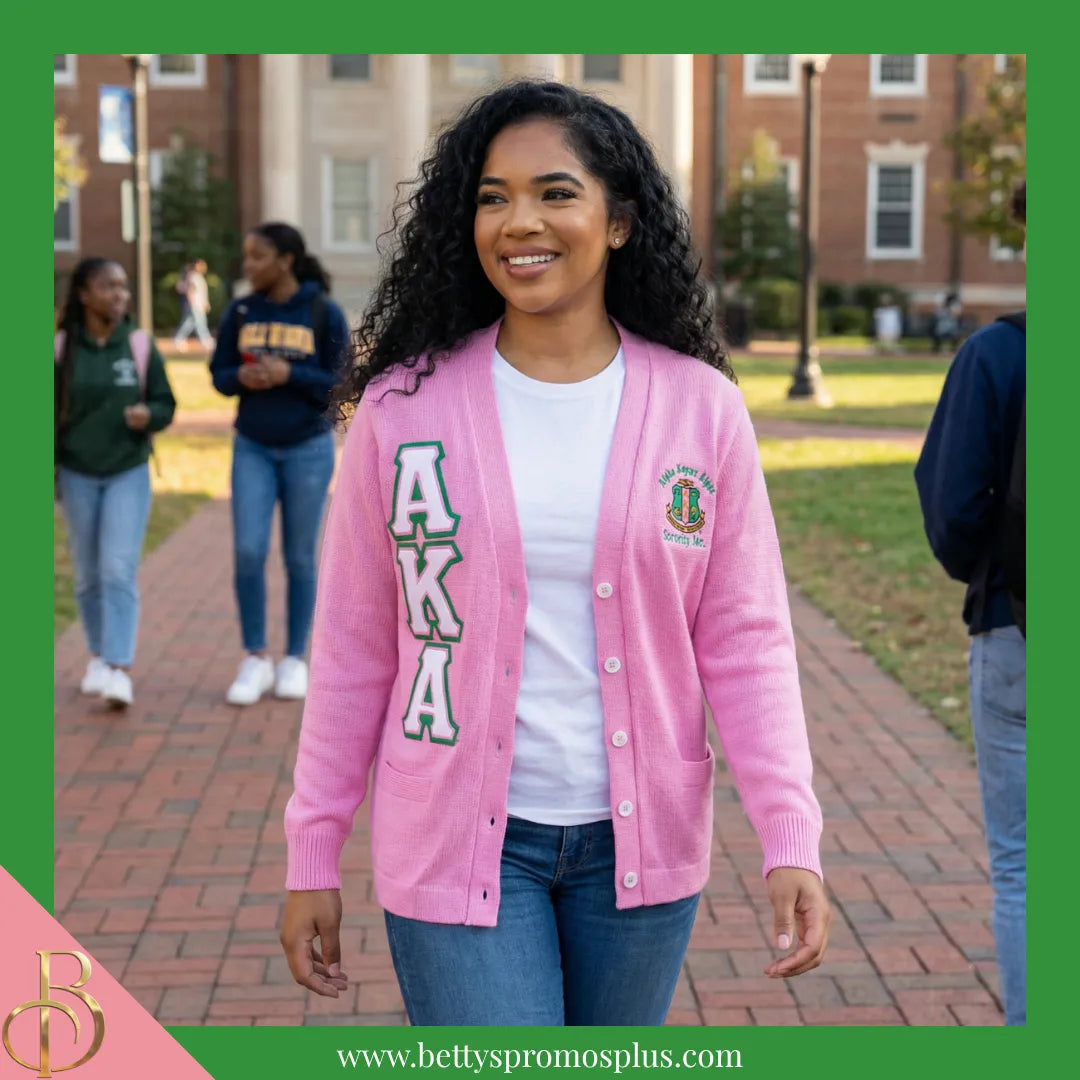 Alpha Kappa Alpha AKA Cardigan Sweater with Double Stitched Twill Embroidered Letters & AKA Shield-Alpha Kappa Alpha Paraphernalia-Alpha Kappa Alpha Sweaters-Betty's Promos Plus