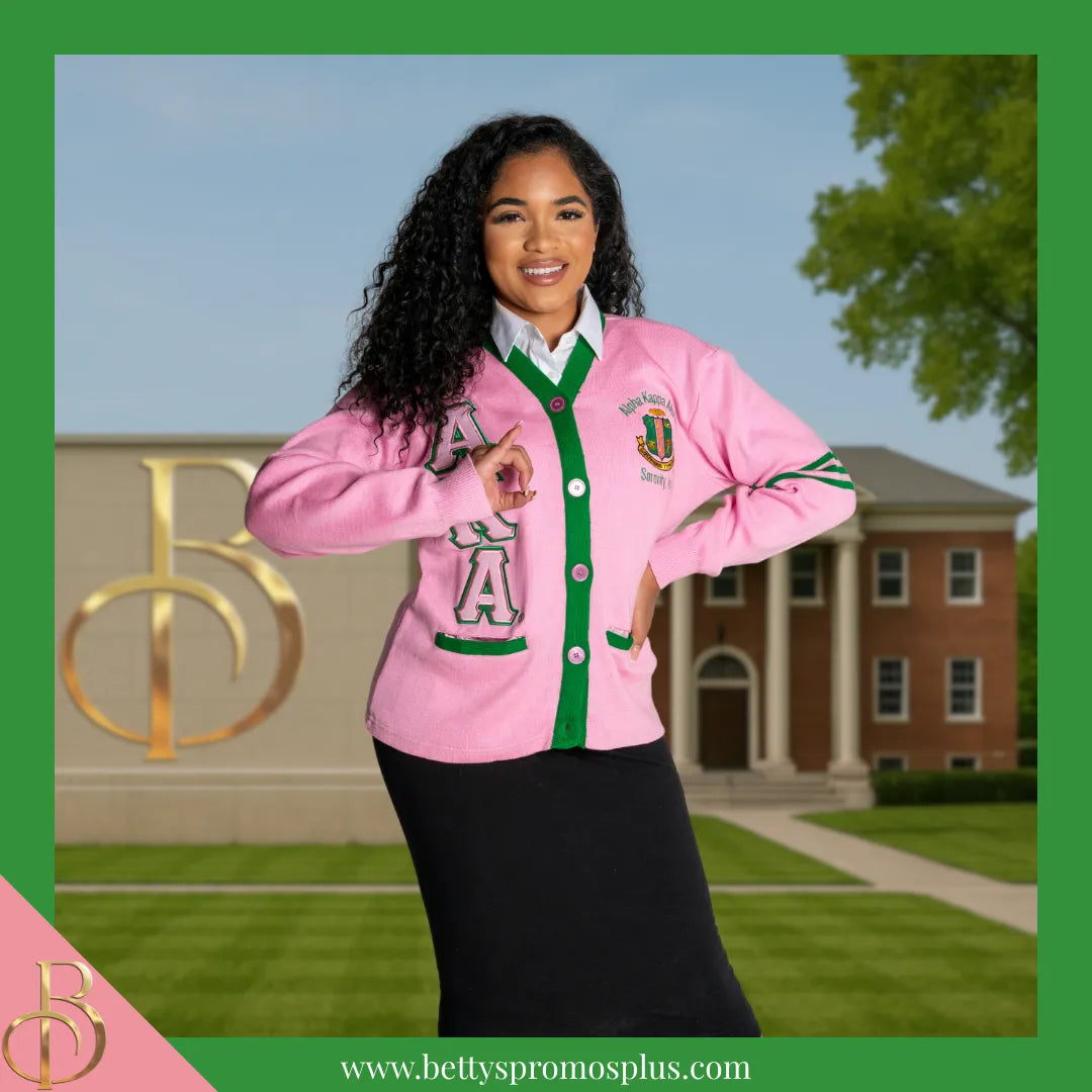 Alpha Kappa Alpha AKA Cardigan Sweater with Double Stitched Twill Embroidered Letters & AKA Shield-Alpha Kappa Alpha Paraphernalia-Alpha Kappa Alpha Sweaters-Betty's Promos Plus