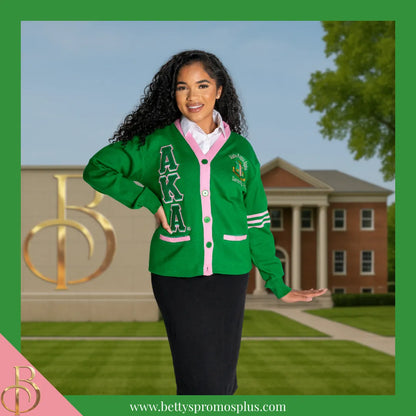 Alpha Kappa Alpha AKA Cardigan Sweater with Double Stitched Twill Embroidered Letters & AKA Shield-Alpha Kappa Alpha Paraphernalia-Alpha Kappa Alpha Sweaters-Betty's Promos Plus