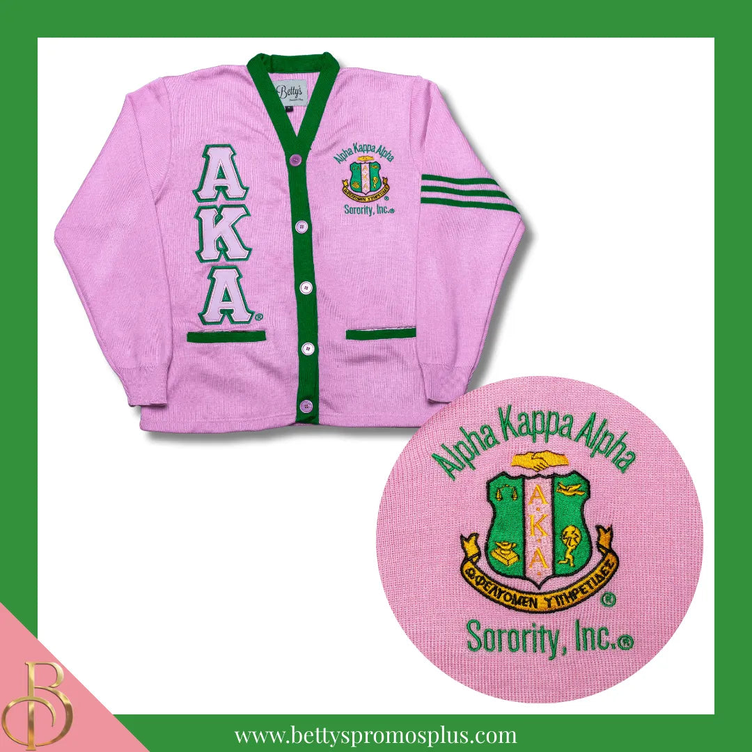 Alpha Kappa Alpha AKA Cardigan Sweater with Double Stitched Twill Embroidered Letters & AKA Shield-Alpha Kappa Alpha Paraphernalia-Alpha Kappa Alpha Sweaters-Betty's Promos Plus