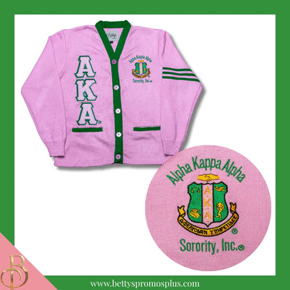 Alpha Kappa Alpha AKA Cardigan Sweater with Double Stitched Twill Embroidered Letters & AKA Shield-Alpha Kappa Alpha Paraphernalia-Alpha Kappa Alpha Sweaters-Betty's Promos Plus