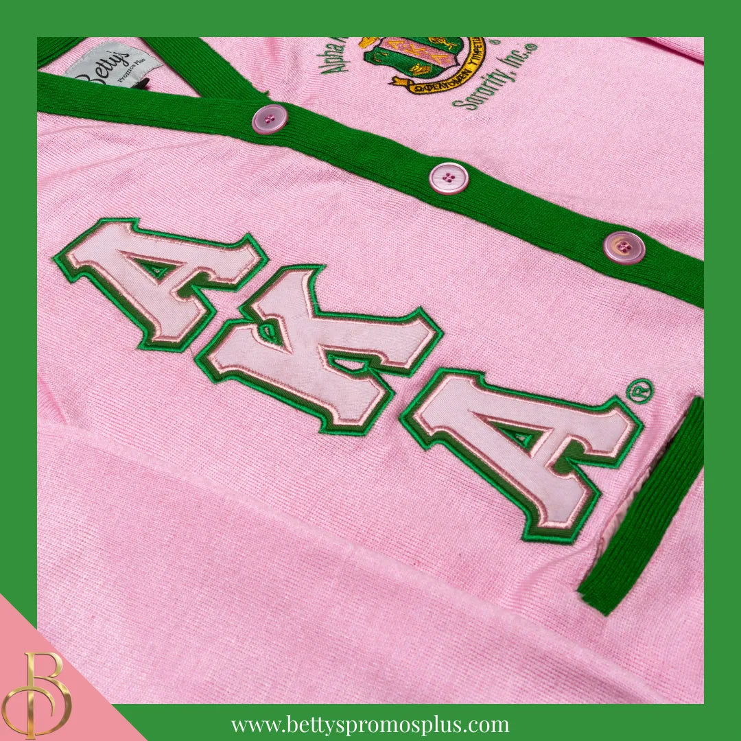 Alpha Kappa Alpha AKA Cardigan Sweater with Double Stitched Twill Embroidered Letters & AKA Shield-Alpha Kappa Alpha Paraphernalia-Alpha Kappa Alpha Sweaters-Betty's Promos Plus