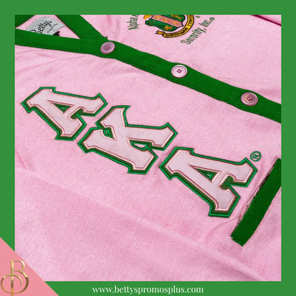 Alpha Kappa Alpha AKA Cardigan Sweater with Double Stitched Twill Embroidered Letters & AKA Shield-Alpha Kappa Alpha Paraphernalia-Alpha Kappa Alpha Sweaters-Betty's Promos Plus