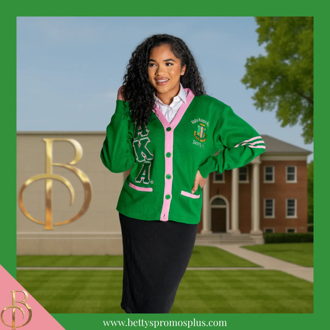 Alpha Kappa Alpha AKA Cardigan Sweater with Double Stitched Twill Embroidered Letters & AKA Shield-Alpha Kappa Alpha Paraphernalia-Alpha Kappa Alpha Sweaters-Betty's Promos Plus
