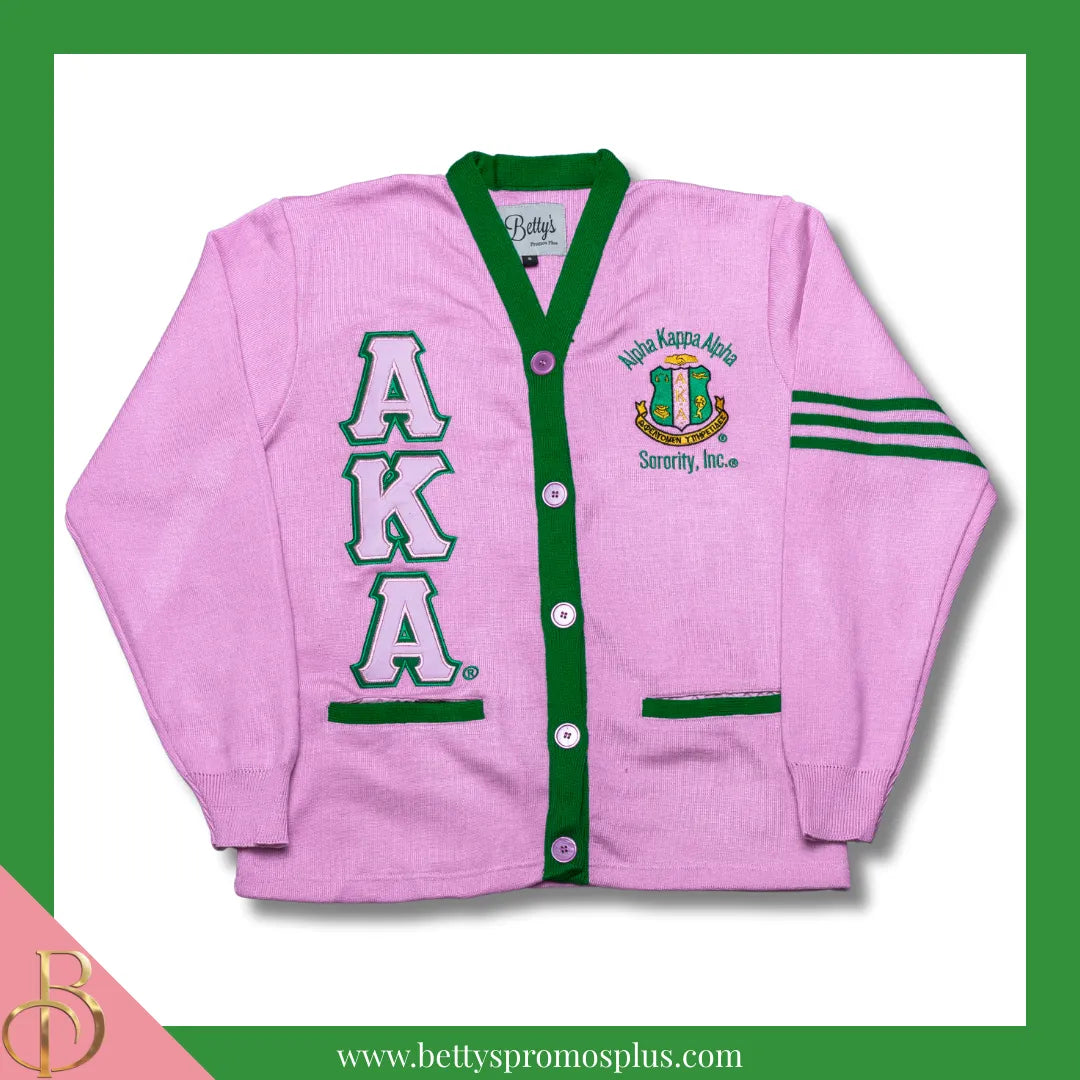 Alpha Kappa Alpha AKA Cardigan Sweater with Double Stitched Twill Embroidered Letters & AKA Shield-Alpha Kappa Alpha Paraphernalia-Alpha Kappa Alpha Sweaters-Betty's Promos Plus