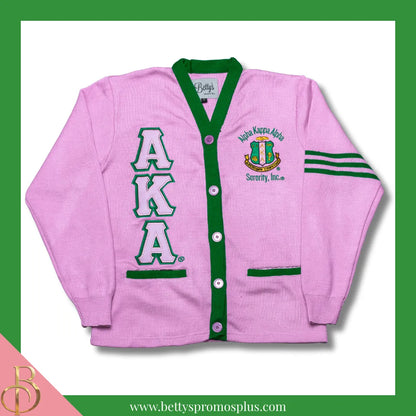 Alpha Kappa Alpha AKA Cardigan Sweater with Double Stitched Twill Embroidered Letters & AKA Shield-Alpha Kappa Alpha Paraphernalia-Alpha Kappa Alpha Sweaters-Betty's Promos Plus