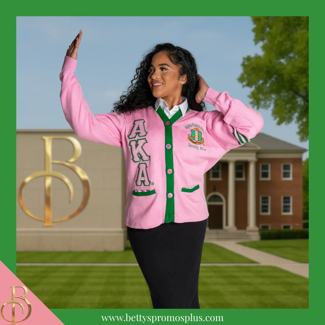 Alpha Kappa Alpha AKA Cardigan Sweater with Double Stitched Twill Embroidered Letters & AKA Shield-Alpha Kappa Alpha Paraphernalia-Alpha Kappa Alpha Sweaters-Betty's Promos Plus