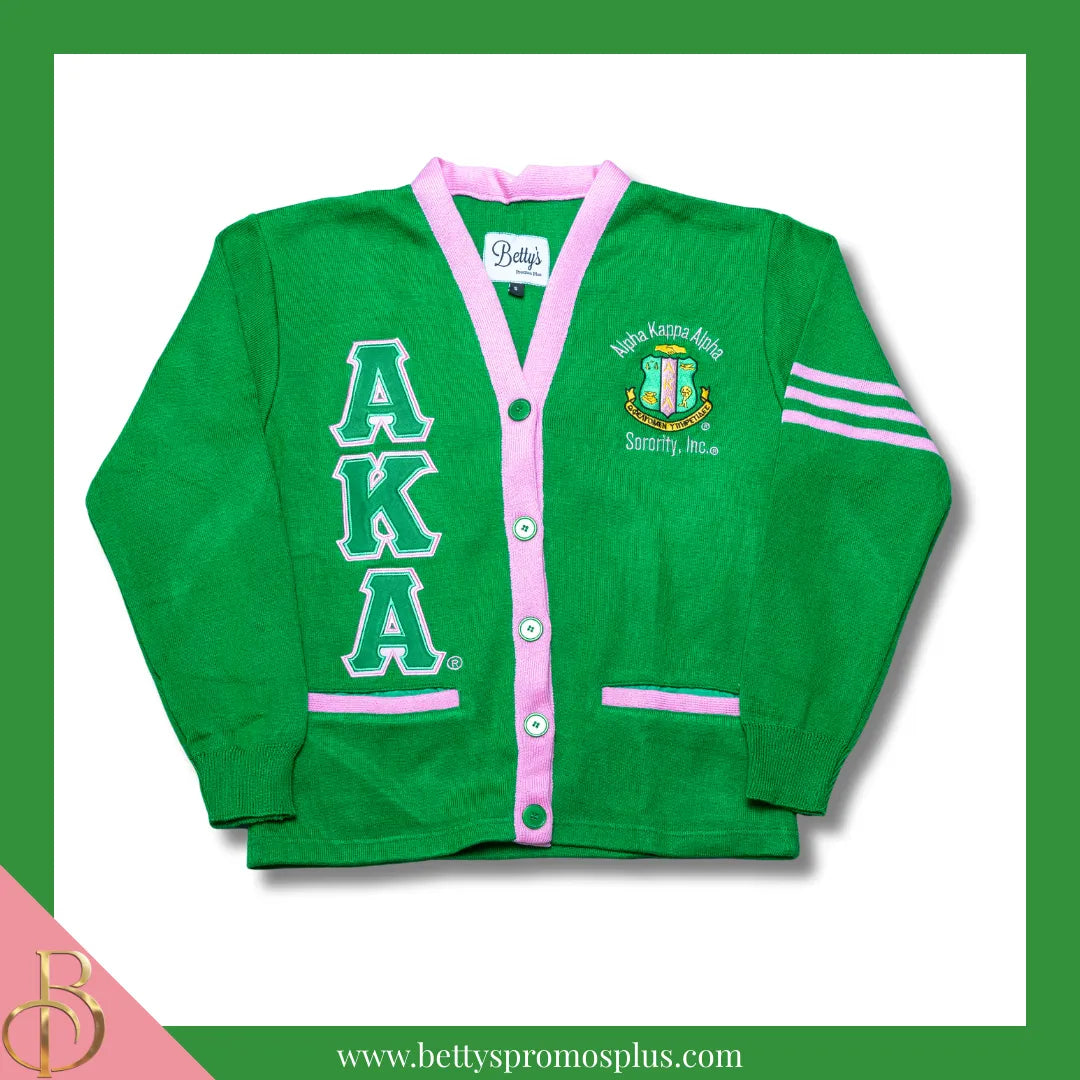 Alpha Kappa Alpha AKA Cardigan Sweater with Double Stitched Twill Embroidered Letters & AKA Shield-Green-Pink Trim-Small-Alpha Kappa Alpha Paraphernalia-Alpha Kappa Alpha Sweaters-Betty's Promos Plus