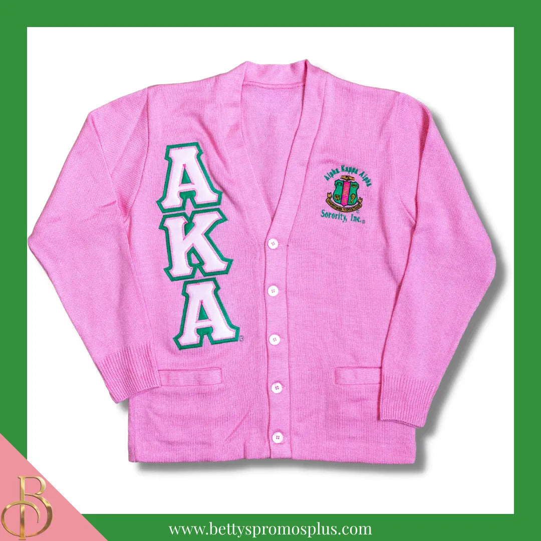 Alpha Kappa Alpha AKA Cardigan Sweater with Double Stitched Twill Embroidered Letters & AKA Shield-Pink-Pink Trim-Small-Alpha Kappa Alpha Paraphernalia-Alpha Kappa Alpha Sweaters-Betty's Promos Plus