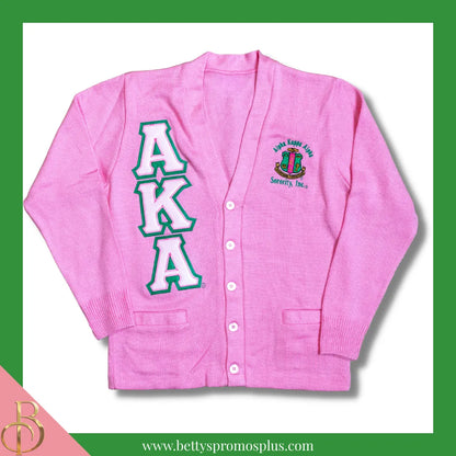 Alpha Kappa Alpha AKA Cardigan Sweater with Double Stitched Twill Embroidered Letters & AKA Shield-Pink-Pink Trim-Small-Alpha Kappa Alpha Paraphernalia-Alpha Kappa Alpha Sweaters-Betty's Promos Plus