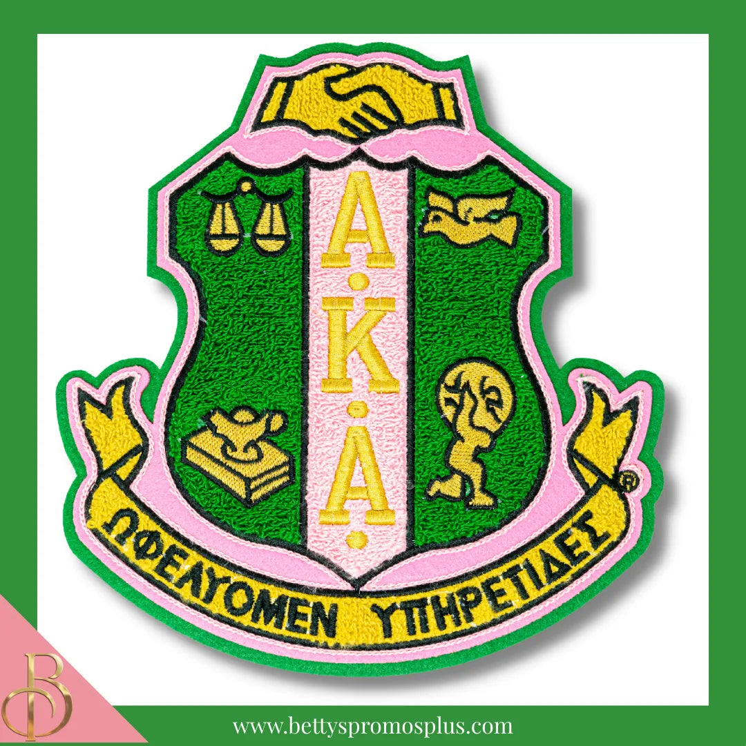 Alpha Kappa Alpha AKA Chenille Shield with Green Background Embroidery Patch-Alpha Kappa Alpha Paraphernalia-Alpha Kappa Alpha Patch-Betty's Promos Plus