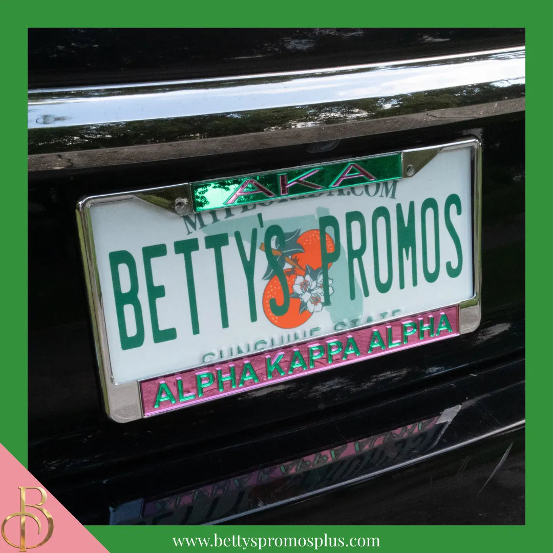 Alpha Kappa Alpha AKA Chrome Laser Engraved Mirrored Acrylic License Plate Frame-Alpha Kappa Alpha Paraphernalia-Alpha Kappa Alpha Auto Tag Frame-Betty's Promos Plus