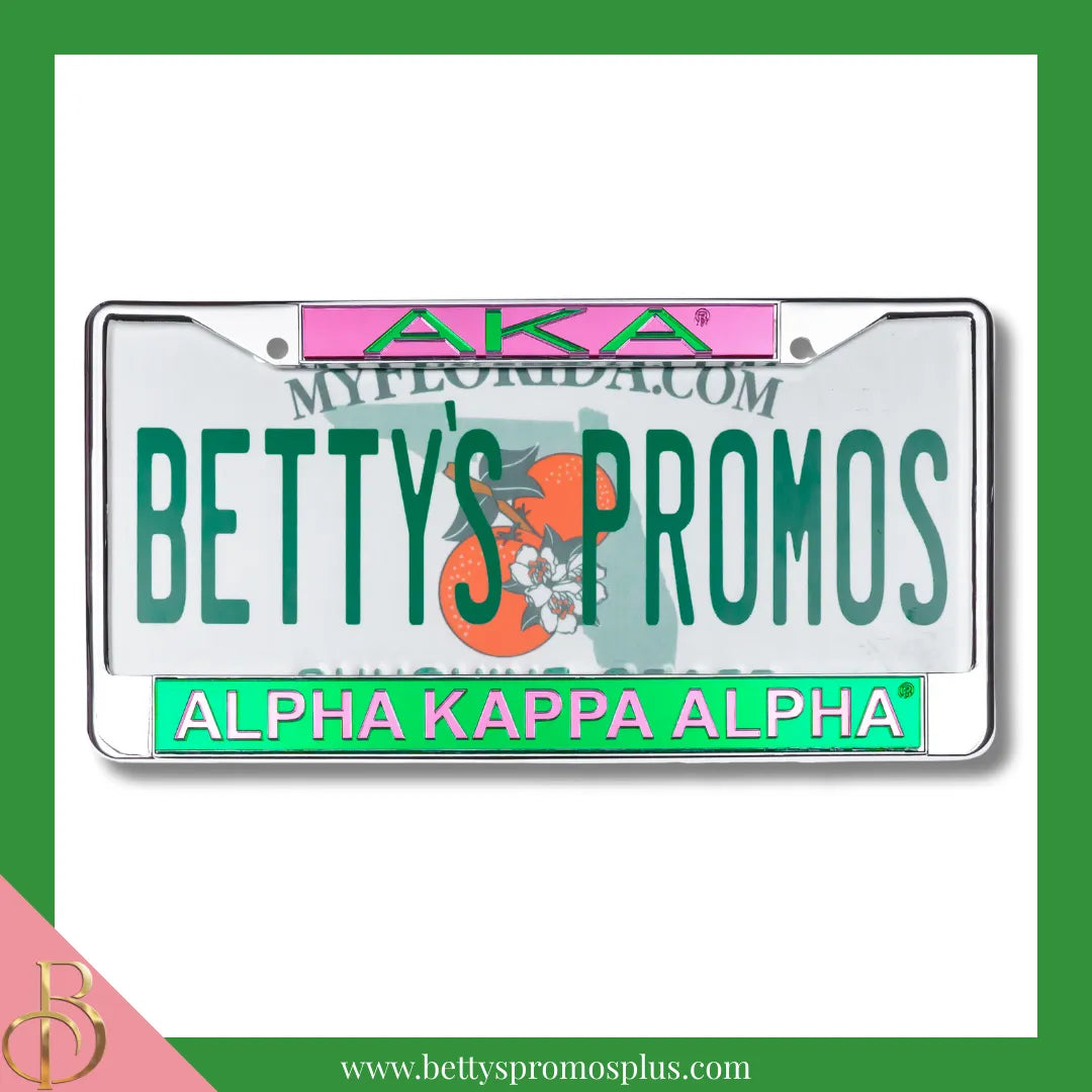 Alpha Kappa Alpha AKA Chrome Laser Engraved Mirrored Acrylic License Plate Frame-Alpha Kappa Alpha Paraphernalia-Alpha Kappa Alpha Auto Tag Frame-Betty's Promos Plus