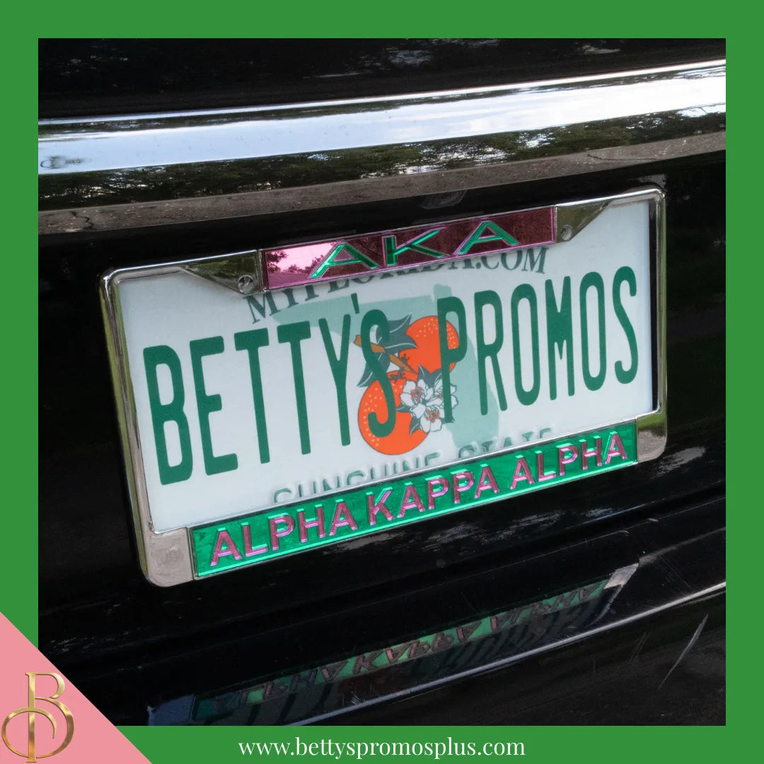 Alpha Kappa Alpha AKA Chrome Laser Engraved Mirrored Acrylic License Plate Frame-Alpha Kappa Alpha Paraphernalia-Alpha Kappa Alpha Auto Tag Frame-Betty's Promos Plus
