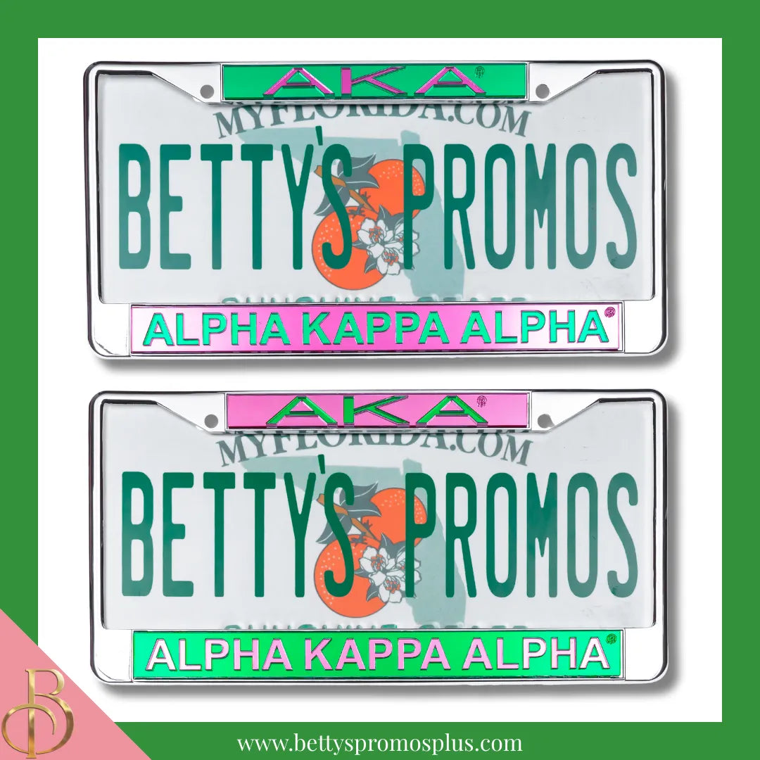 Alpha Kappa Alpha AKA Chrome Laser Engraved Mirrored Acrylic License Plate Frame-Alpha Kappa Alpha Paraphernalia-Alpha Kappa Alpha Auto Tag Frame-Betty's Promos Plus