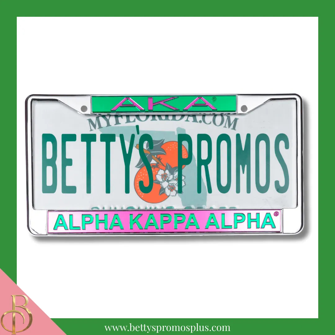 Alpha Kappa Alpha AKA Chrome Laser Engraved Mirrored Acrylic License Plate Frame-Pink Bottom-Alpha Kappa Alpha Paraphernalia-Alpha Kappa Alpha Auto Tag Frame-Betty's Promos Plus