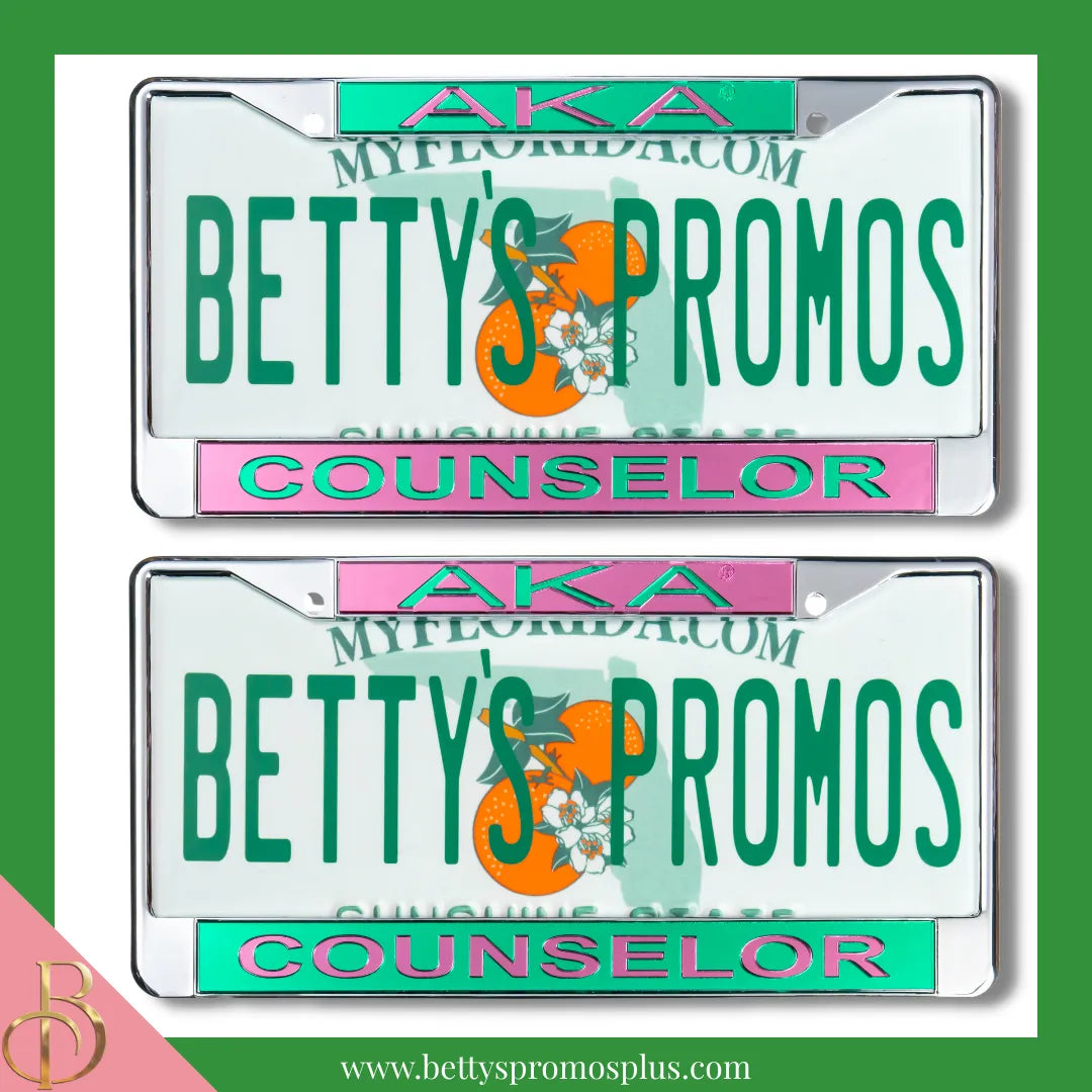 Alpha Kappa Alpha AKA Counselor Chrome Laser Engraved Mirrored Acrylic Auto Tag License Plate Frame-Alpha Kappa Alpha Paraphernalia-Alpha Kappa Alpha Auto Tag Frame-Betty's Promos Plus