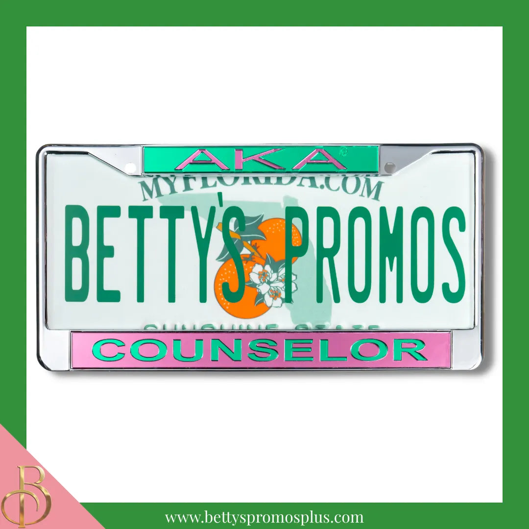 Alpha Kappa Alpha AKA Counselor Chrome Laser Engraved Mirrored Acrylic Auto Tag License Plate Frame-Pink Bottom-Alpha Kappa Alpha Paraphernalia-Alpha Kappa Alpha Auto Tag Frame-Betty's Promos Plus
