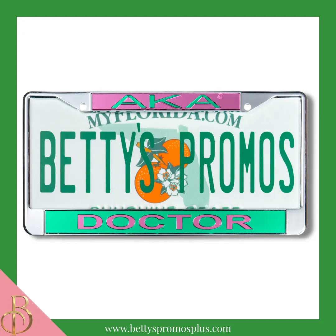 Alpha Kappa Alpha AKA Doctor Chrome Laser Engraved Mirrored Acrylic Auto Tag License Plate Frame-Green Bottom-Alpha Kappa Alpha Paraphernalia-Alpha Kappa Alpha Auto Tag Frame-Betty's Promos Plus