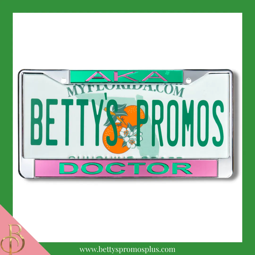 Alpha Kappa Alpha AKA Doctor Chrome Laser Engraved Mirrored Acrylic Auto Tag License Plate Frame-Pink Bottom-Alpha Kappa Alpha Paraphernalia-Alpha Kappa Alpha Auto Tag Frame-Betty's Promos Plus